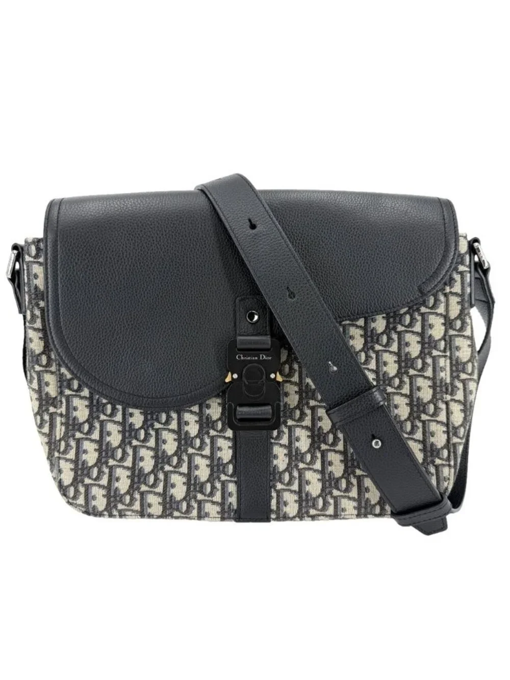 Dior Shoulder Bag with Oblique Saddle Flap Crossbody Leather Canvas Black Beige